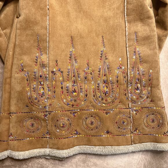 Vintage 90s Bacci Floral Embroidered Penny Lane Coat Faux Suede Sherpa Collar - Picture 3 of 11